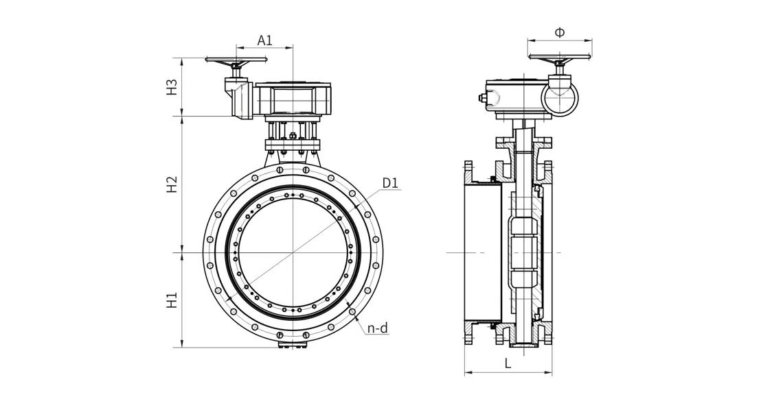 >DS342S/H-2.5/6/10/16 Double Offset Flange Telescopic Butterfly Valve Spiral Gear Operated Connection Dimension<